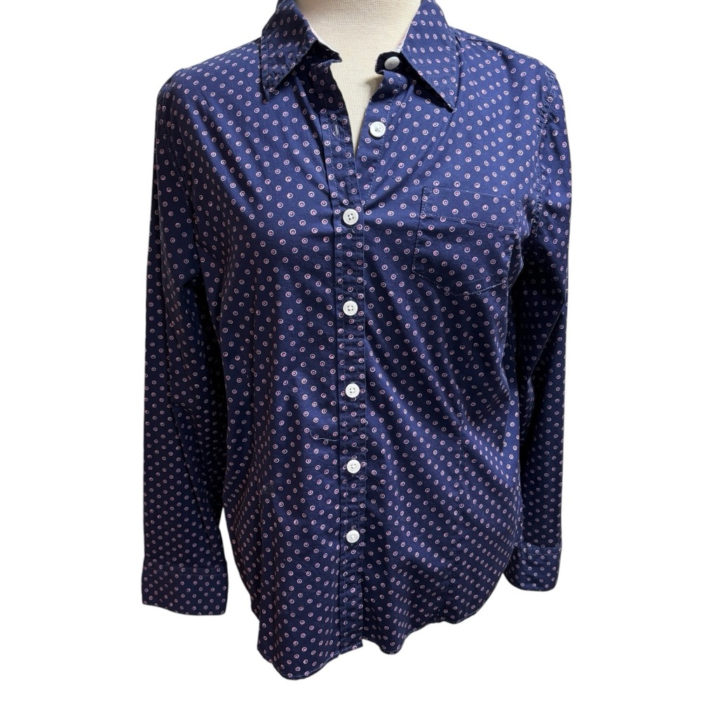 LL Bean Navy Pink Circle Print Button Down Shirt Long Sleeve  L-REG #210